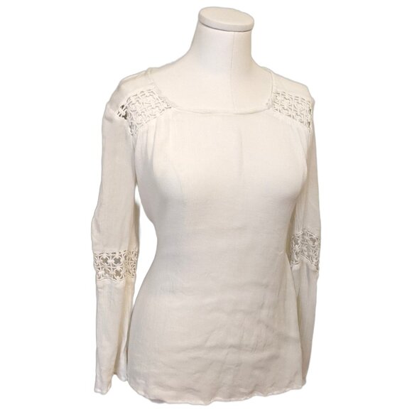 Womens White Sheer Boho Long Sleeve Top Lace Panel Summer Beach Sz L - Picture 2 of 6